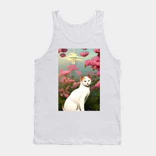 Anime White Cat Surrounded by Flowers Tokyo Background Tank Top